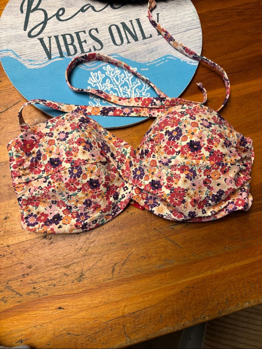 Floral Padded underwire Bikini Top in Cream with Pink & Purple Flowers